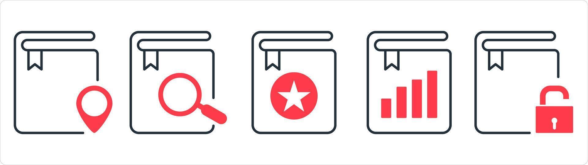 A set of 5 document icons as location book, search book, favorite book in red line color vector