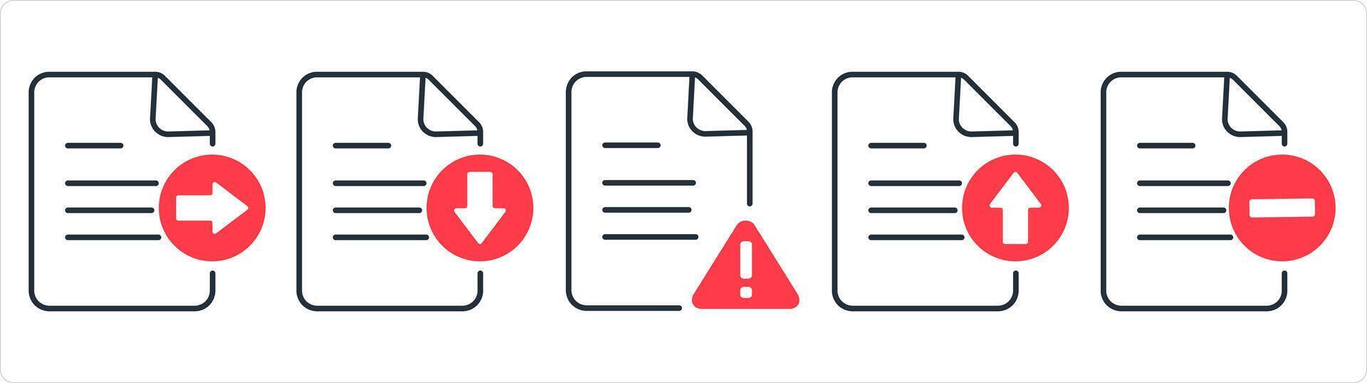 un conjunto de 5 5 documento íconos como enviar archivo, descargar archivo, página error en rojo línea color vector
