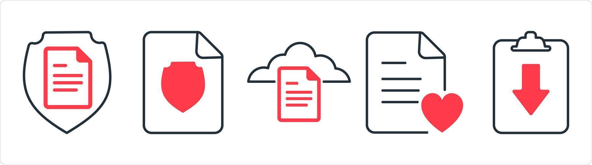 A set of 5 document icons as document security, cloud document, favorite page in red line color vector