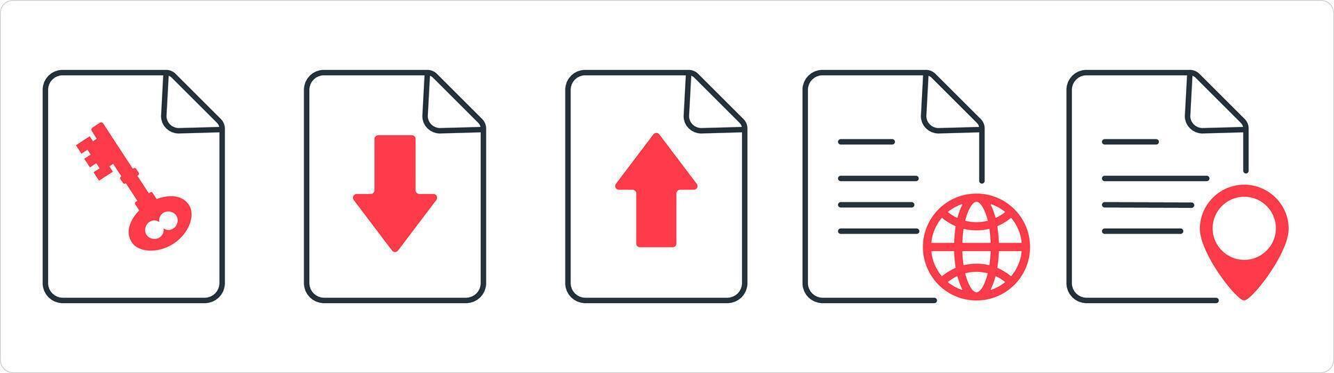 A set of 5 document icons as page security, download page, upload page in red line color vector