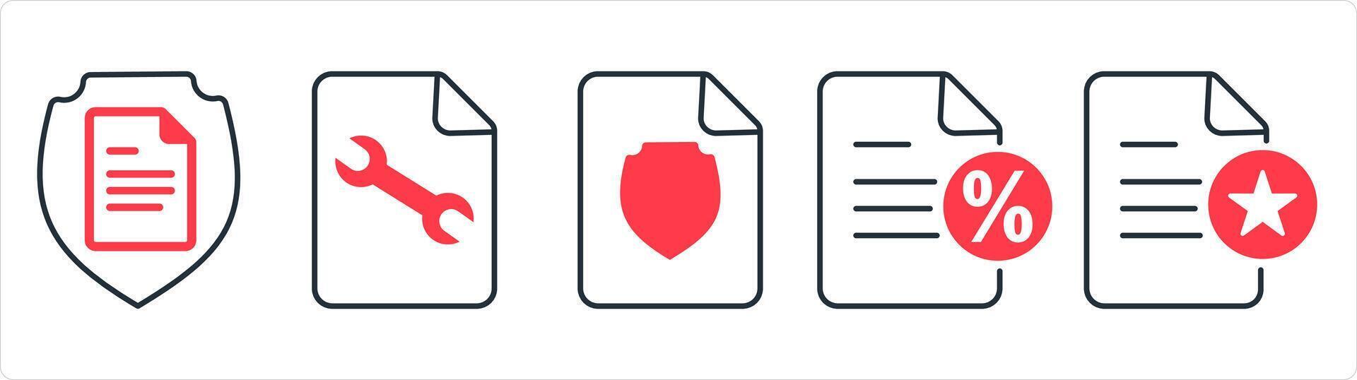A set of 5 document icons as document security, page setting, promissory note in red line color vector