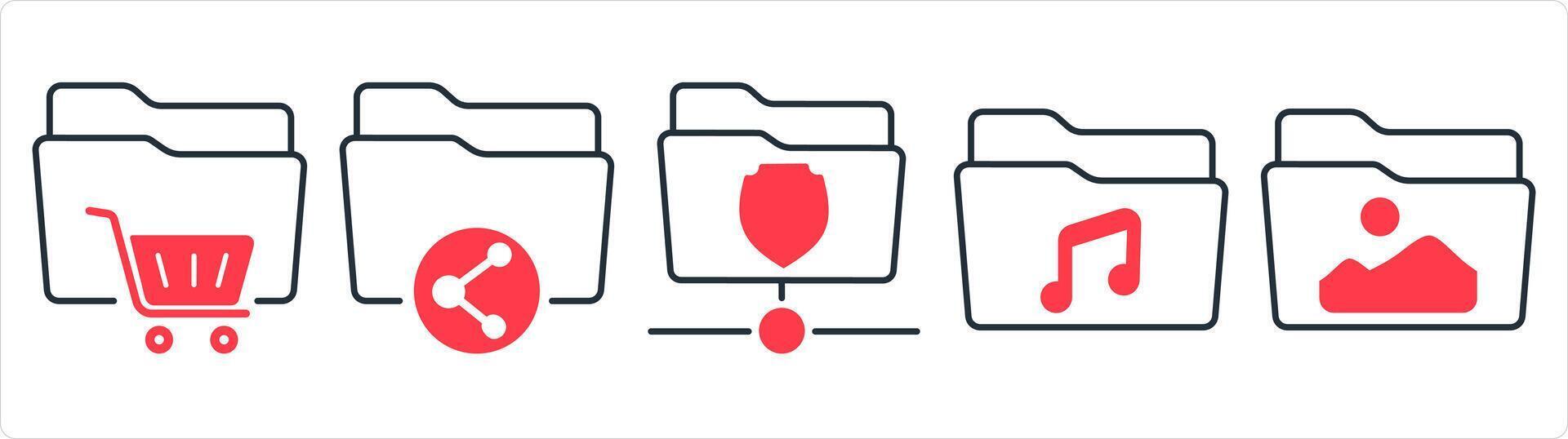 un conjunto de 5 5 documento íconos como compras carpeta, compartir carpeta, carpeta protectio en rojo línea color vector
