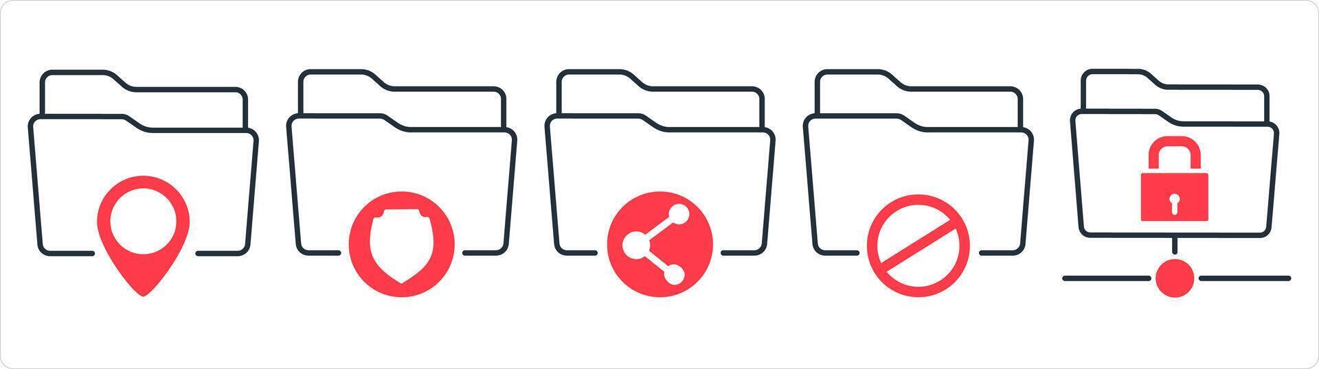 un conjunto de 5 5 documento íconos como carpeta ubicación, carpeta seguridad, compartir carpeta en rojo línea color vector