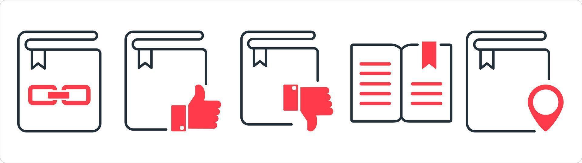A set of 5 document icons as link book, approved book, dislike book in red line color vector