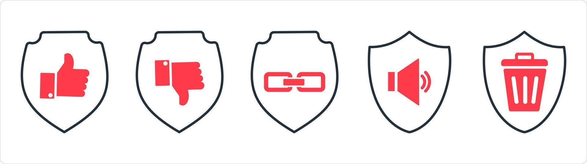 A set of 5 internet icons as approved security, dislike security, link security in red line color vector