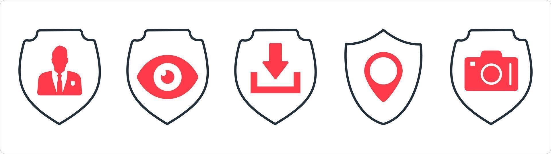 A set of 5 internet icons as private shield, view shield, download shield in red line color vector