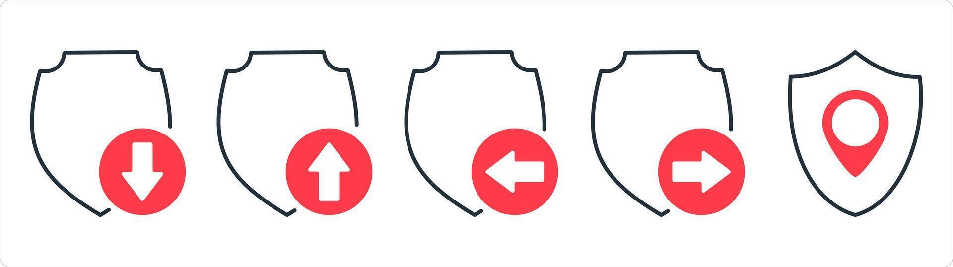 A set of 5 internet icons as download shield, upload shield, received shield in red line color vector