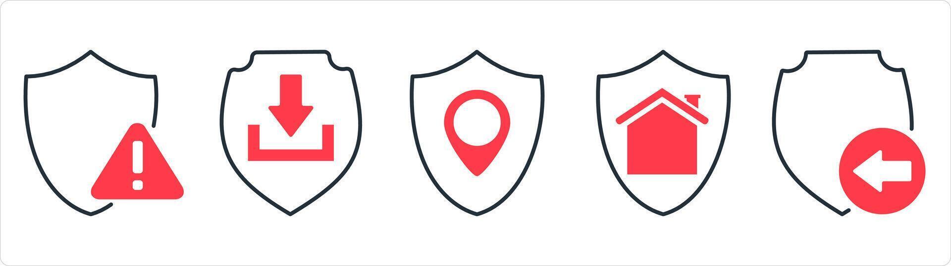 A set of 5 internet icons as shield error, download shield, location shield in red line color vector
