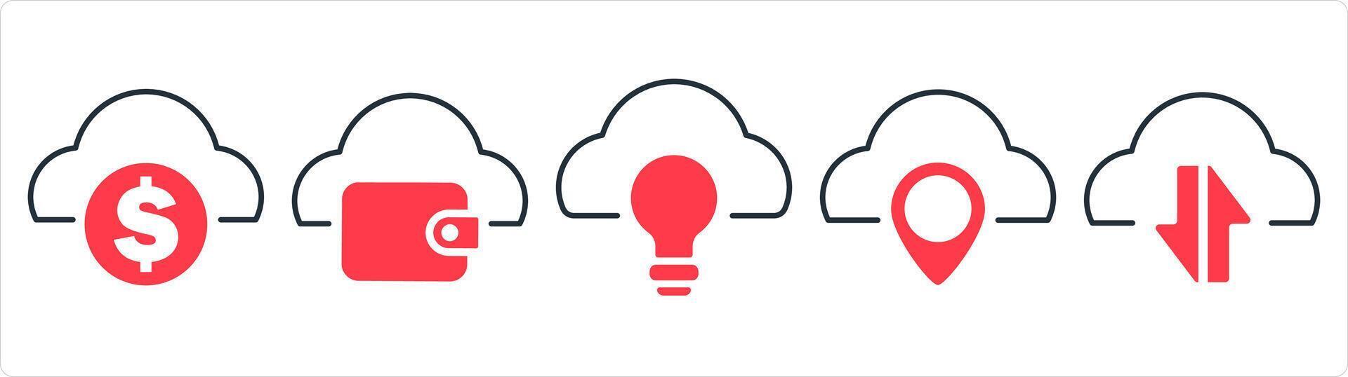 A set of 5 internet icons as finance cloud, cloud wallet, cloud idea in red line color vector