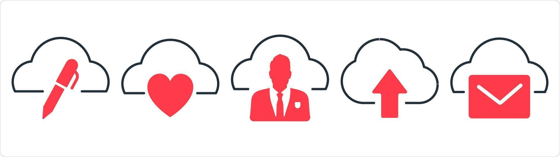 A set of 5 internet icons as edit cloud, favorite cloud, user cloud in red line color vector
