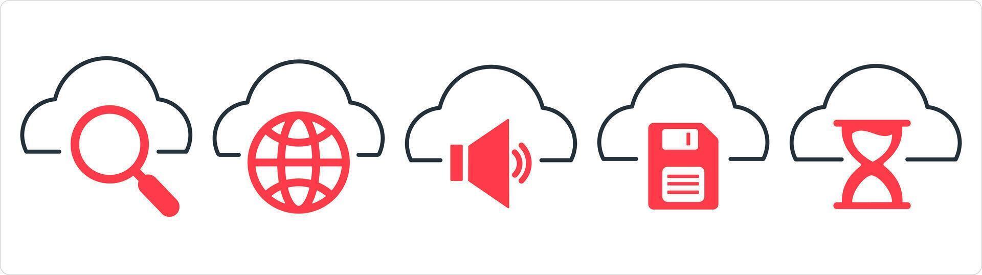 A set of 5 internet icons as search cloud, global cloud, cloud volume in red line color vector