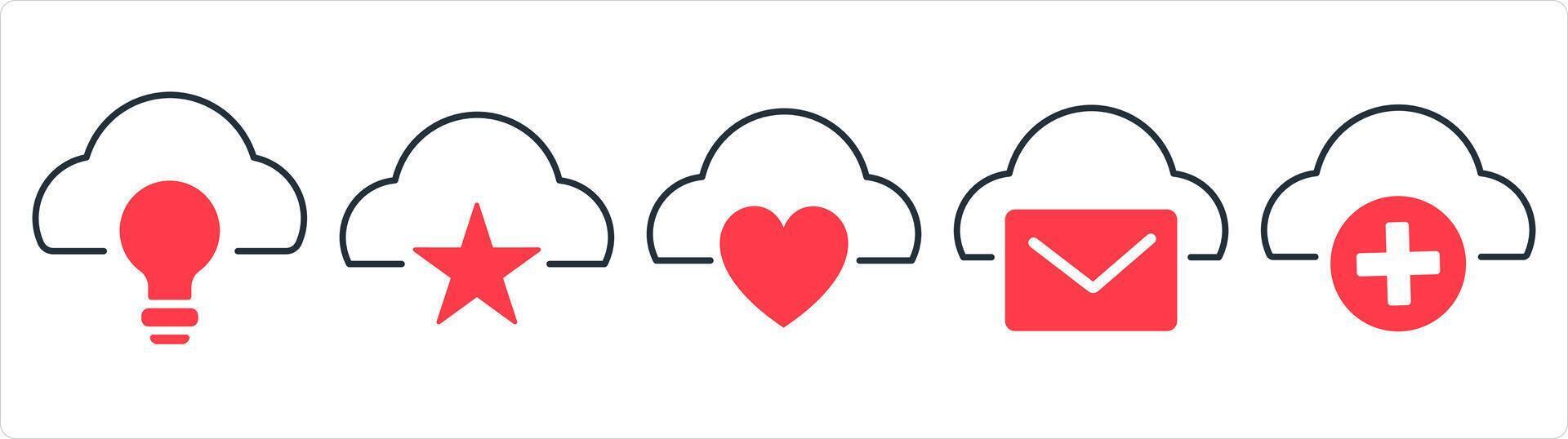 A set of 5 internet icons as cloud idea, favorite cloud, cloud message in red line color vector
