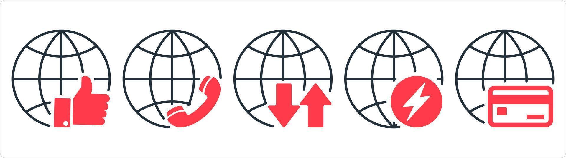 A set of 5 internet icons as globe, global server, global hourglass in red line color vector