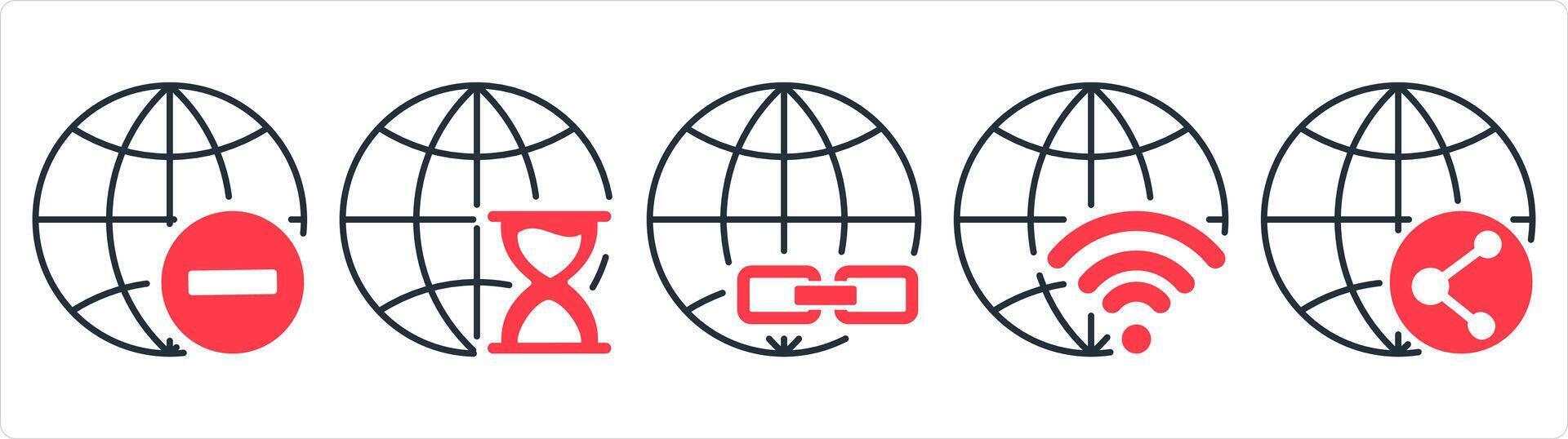 un conjunto de 5 5 Internet íconos como eliminar globo, global reloj de arena, enlace global en rojo línea color vector