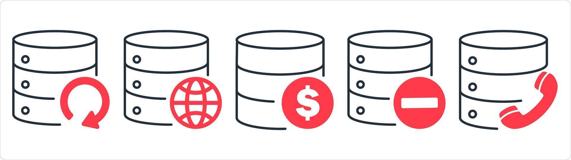 A set of 5 internet icons as server location, global server, finance server in red line color vector