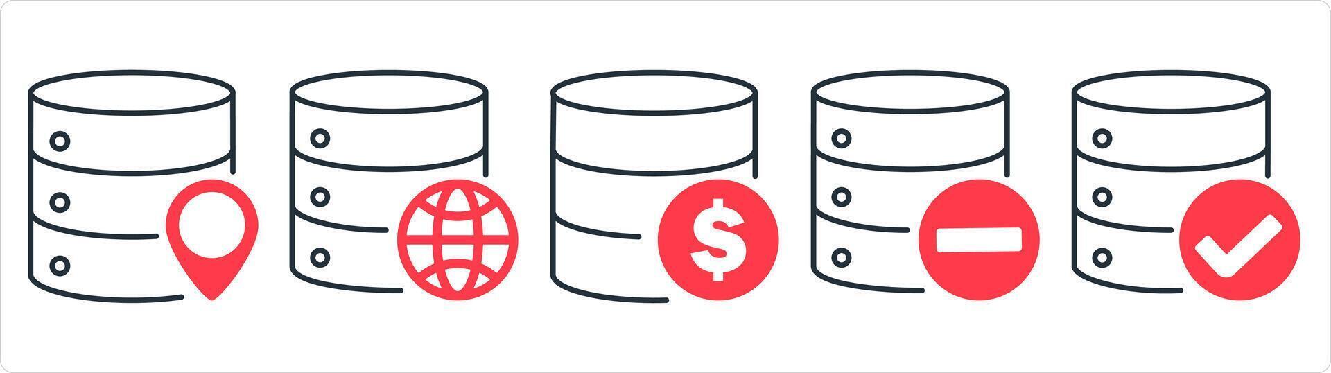 A set of 5 internet icons as update server, global server, finance server in red line color vector