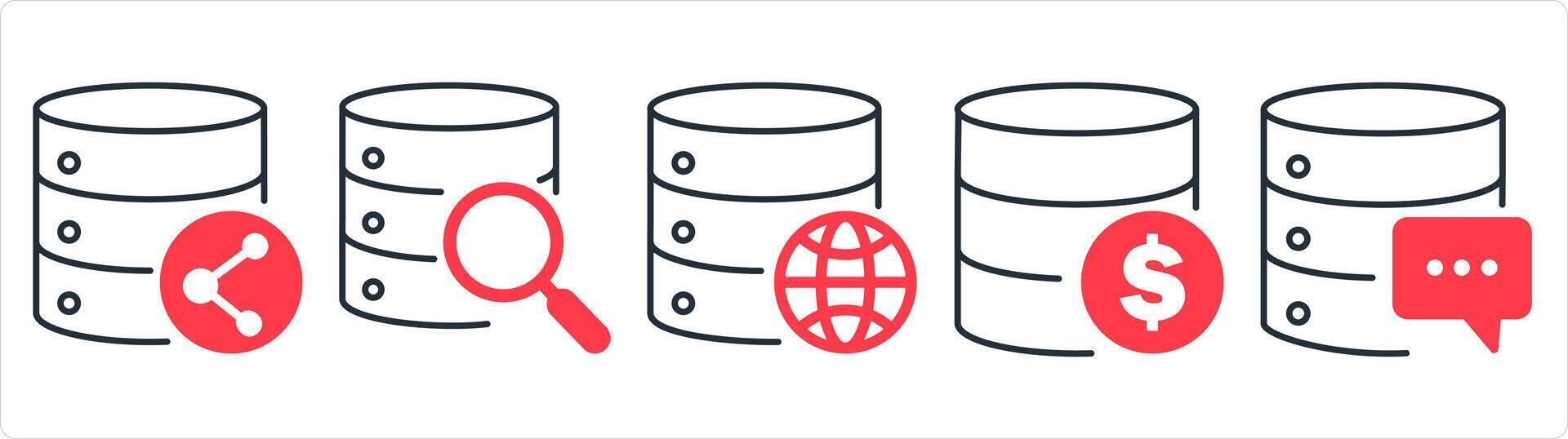 un conjunto de 5 5 Internet íconos como compartir servidor, global buscar, Finanzas servidor en rojo línea color vector