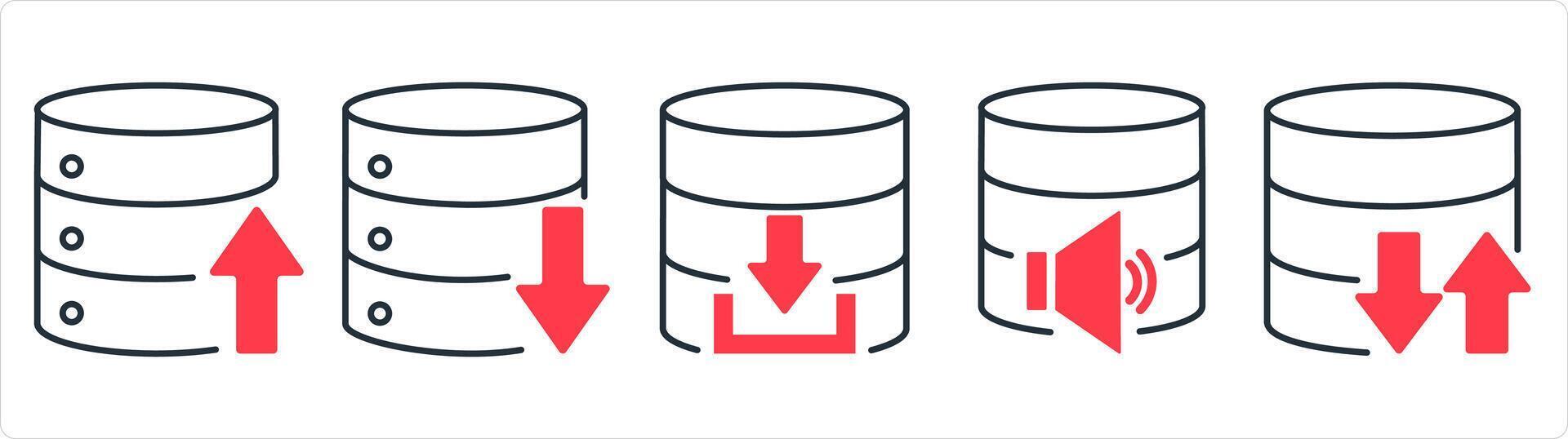 un conjunto de 5 5 Internet íconos como subir servidor, descargar servidor, servidor volumen en rojo línea color vector