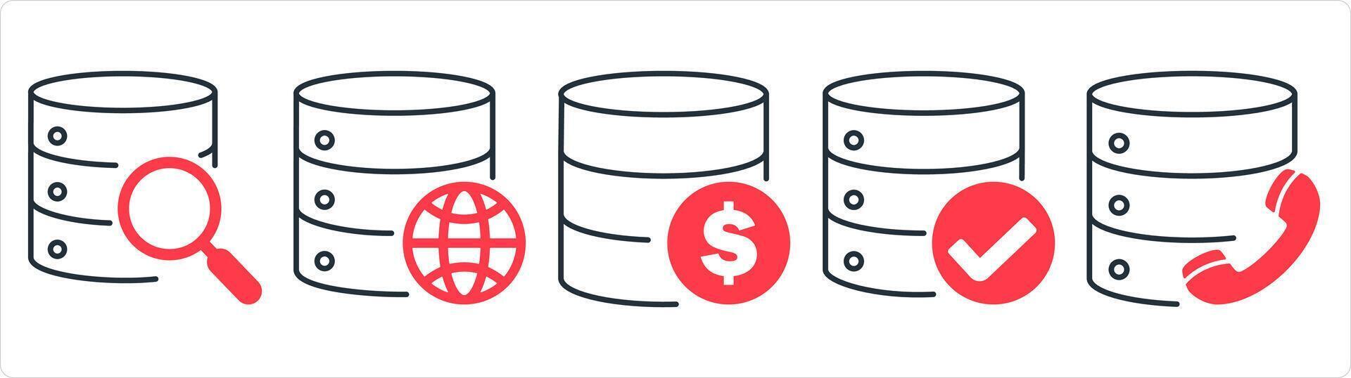 A set of 5 internet icons as global search, global server, finance server in red line color vector