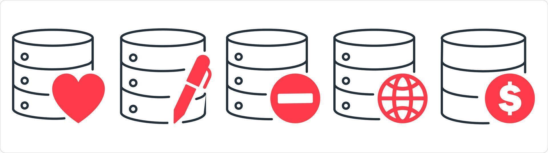 un conjunto de 5 5 Internet íconos como favorito servidor, editar servidor, eliminar servidor en rojo línea color vector