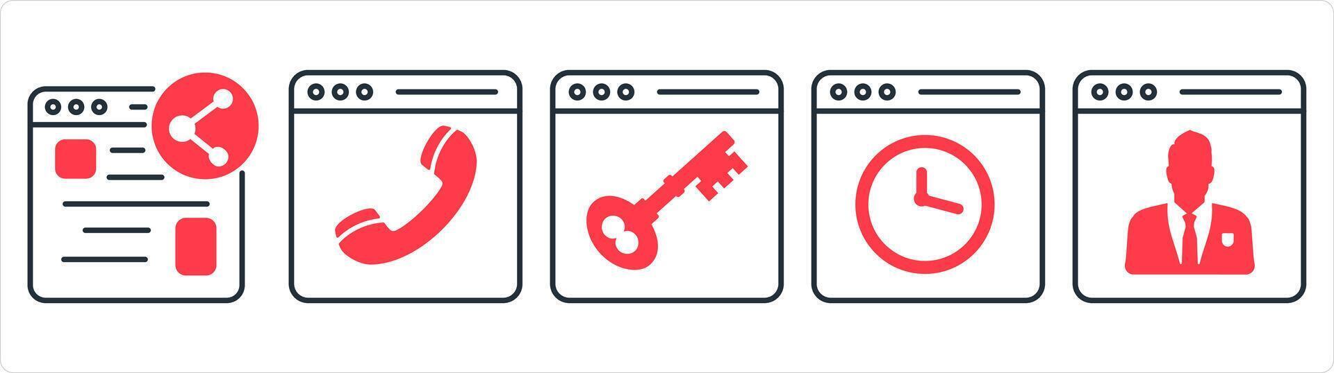 un conjunto de 5 5 Internet íconos como compartir Página web, en línea llamar, página web proteccion en rojo línea color vector