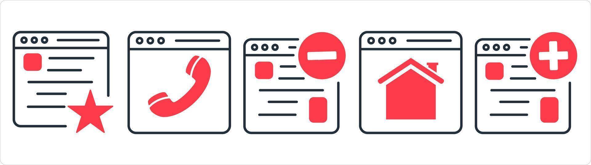 un conjunto de 5 5 Internet íconos como favorito Página web, en línea llamar, eliminar página web en rojo línea color vector