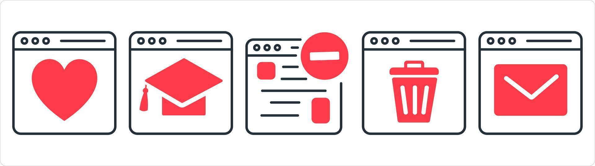 A set of 5 internet icons as favorite webpage, online education, remove webpage in red line color vector