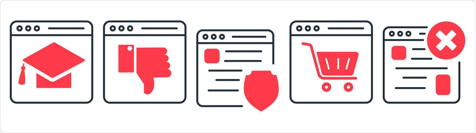 un conjunto de 5 5 Internet íconos como en línea educación, disgusto Página web, página web seguridad en rojo línea color vector