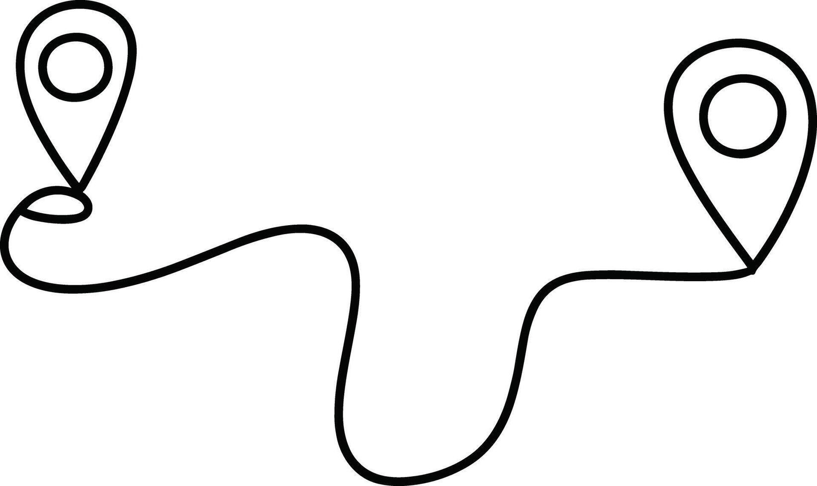 Black line drawing of two location pins connected by a winding path vector