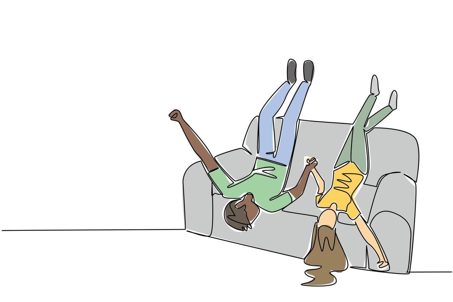 Continuous line drawing of a diverse couple hanging upside down off a sofa, holding hands in a playful and carefree moment, symbolizing joy and fun in a relationship. National Loving Day event of joy vector