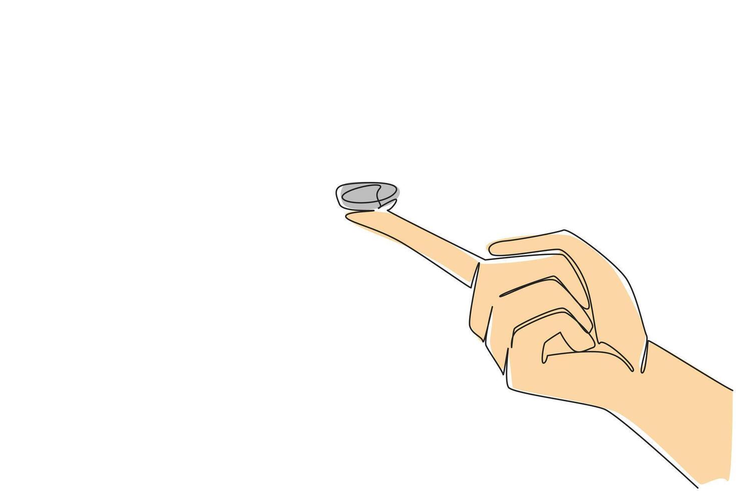 Continuous line drawing of hand holding small round button battery balanced on the tip of index finger, symbolizing the small size and easy access of hazard. National Button Battery Awareness Day vector