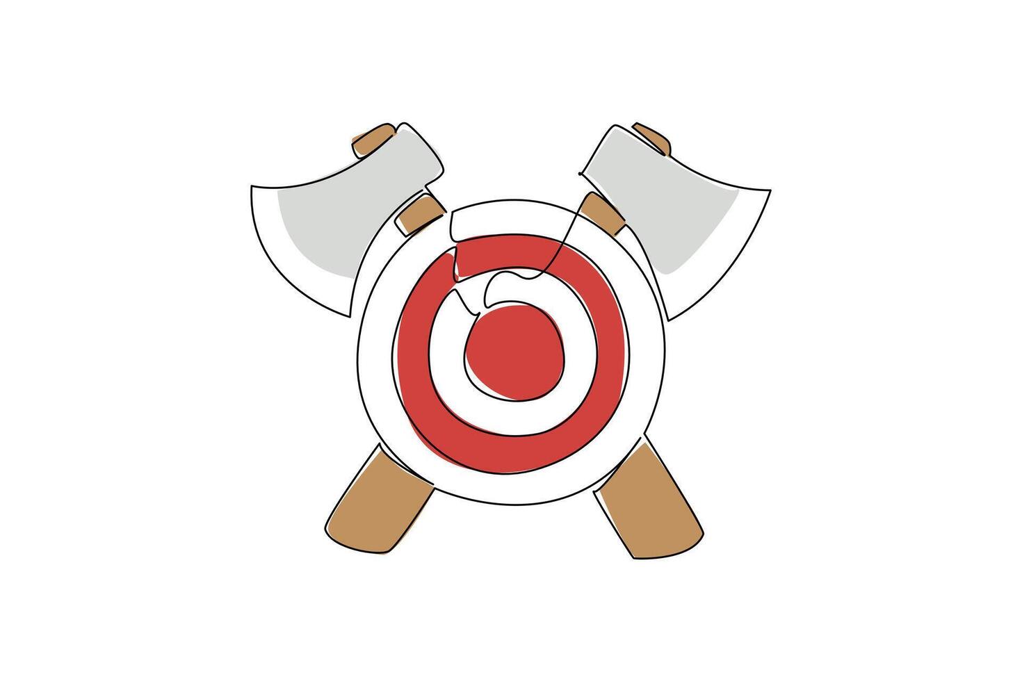 Continuous line drawing of round red and white target with two crossed axes behind round wooden board, symbolizing the sport of axe throwing and precision aiming. International Axe Throwing Day event vector