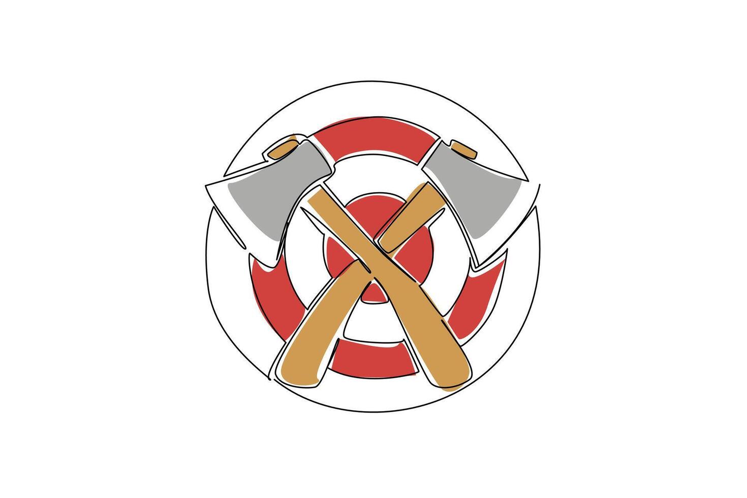 Continuous line drawing of a round red and white target with two crossed axes, symbolizing the sport of axe throwing and centering precision aiming. Celebrates International Axe Throwing Day event vector
