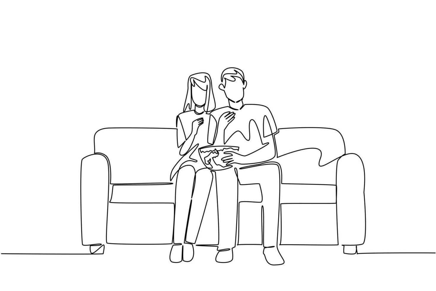 Continuous line drawing of a couple sitting close together on a sofa from front view, facing a TV, sharing a bowl of popcorn and watching a movie. Commemorate National Movie Night vector