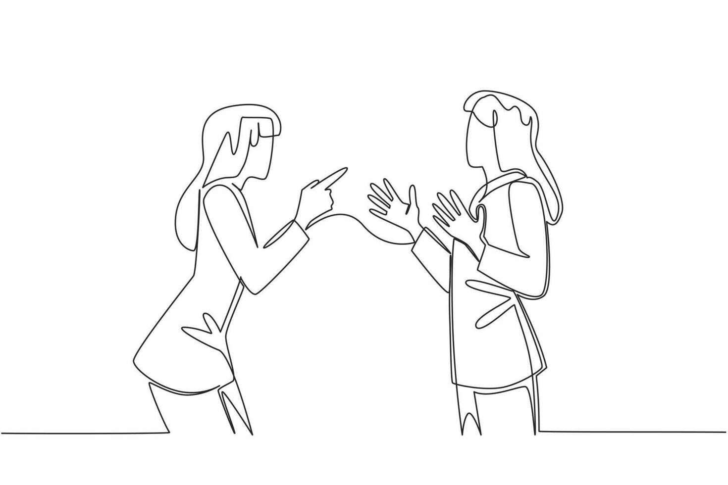 Single line drawing of two businesswomen in an argument, pointing with hands raised, symbolizing conflict and mutual blame. Concept related to an international event National Blame Someone Else Day. vector
