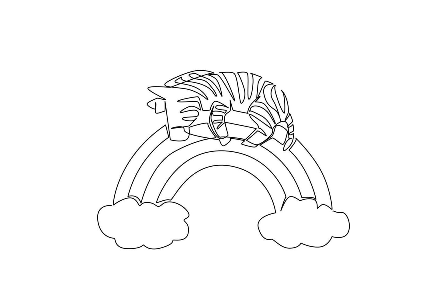 A zebra naps across a rainbow with clouds in continuous line drawing, tailored for kids theme with a nature concept, capturing stripes, color, imagination, and charming nursery decoration. vector