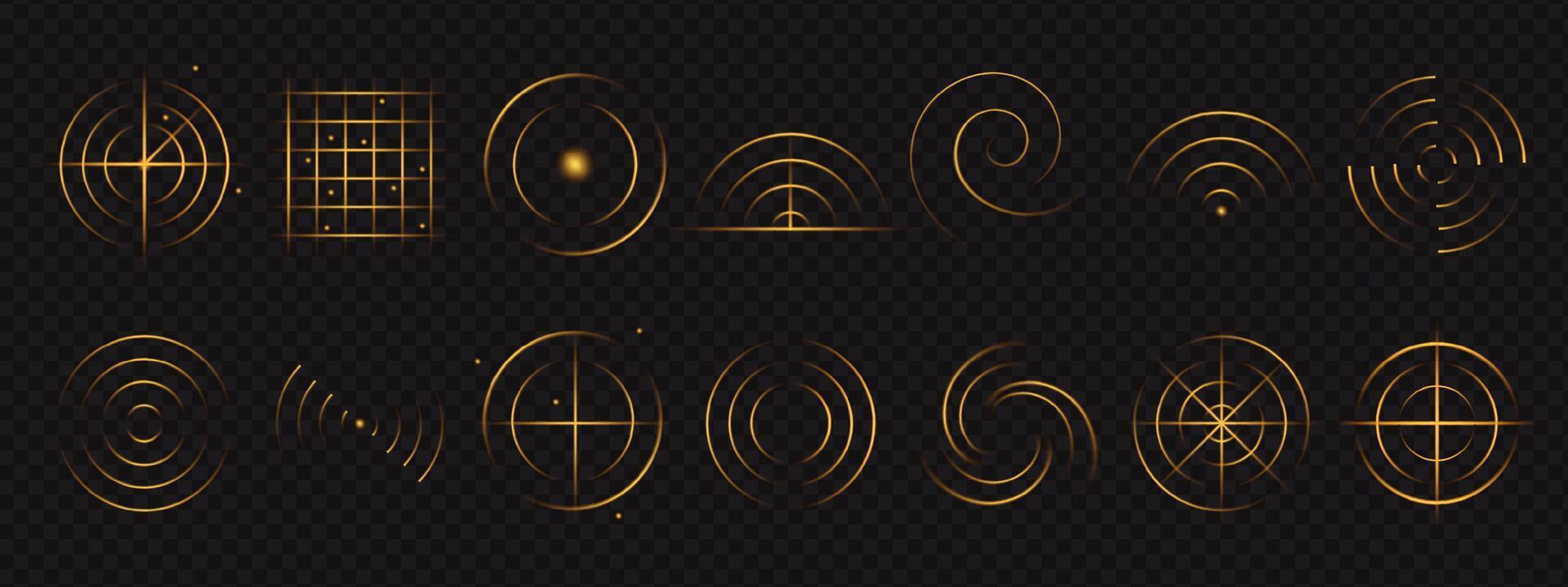 Golden radar waves reflect sound and light in bright circular motion, glowing with neon warmth and sensor precision. Every signal shimmers with the elegance of pure energy. vector