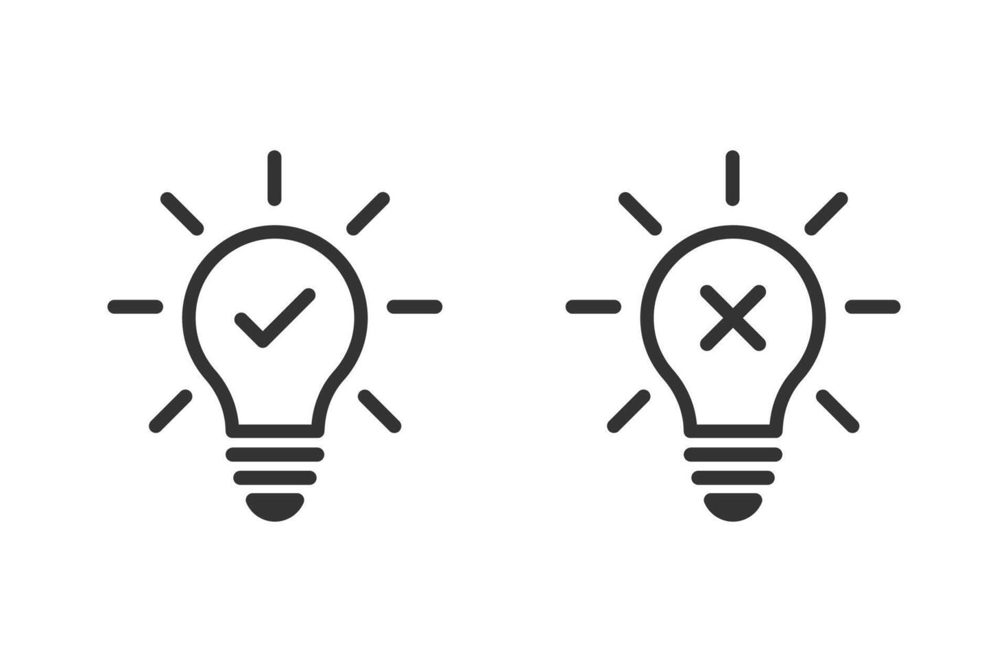 Light bulb check and cross mark icon. Business lamp with checkmark and x sign symbol. Idea icon concept. Idea approval and rejection symbol vector