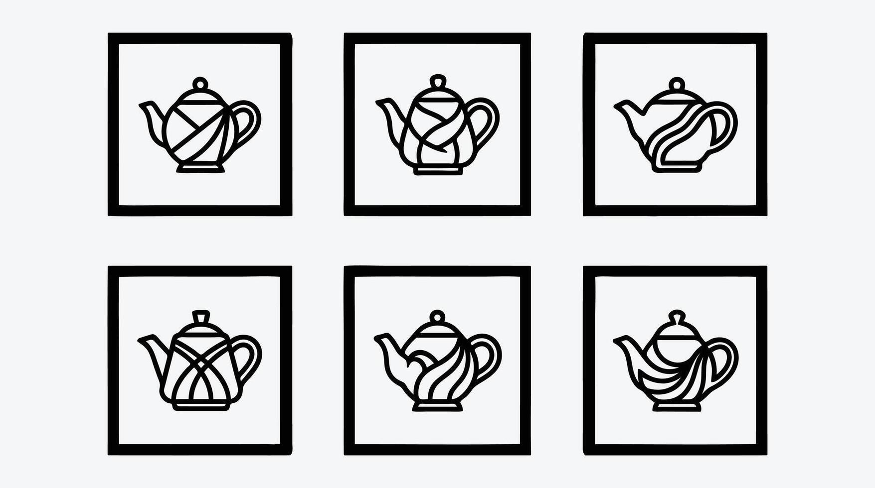 Set of six artistic black outline teapot icons featuring various abstract swirled patterns in elegant square frames vector