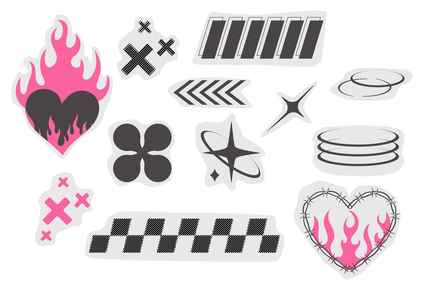 Y2k geometric designelements border set, heart with flame, barbed wire, grid pattern. Groovy cyber retro design elements. vector