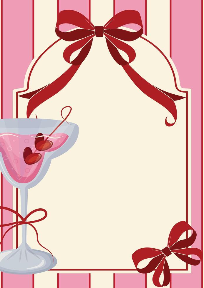 poster without text with pink stripes behind, rectangular frame for text, red bow and pink martini on the side, Valentine's Day design vector