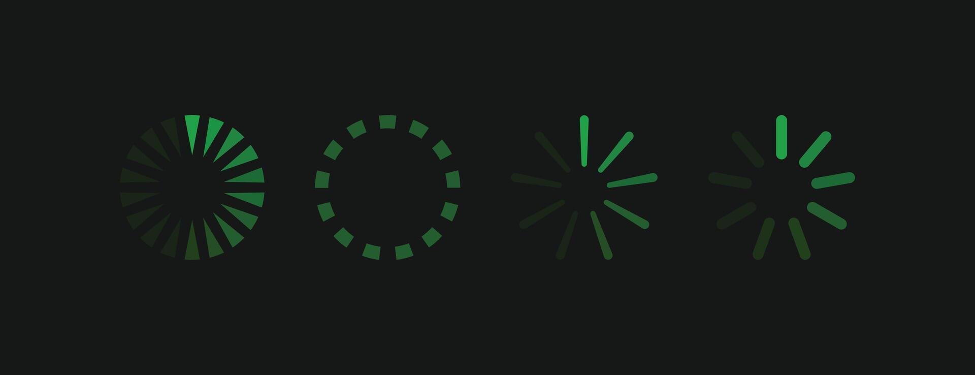 Minimalist green loading spinner icons set on a black background. Progress indicator element for dark mode web and mobile application UI design vector