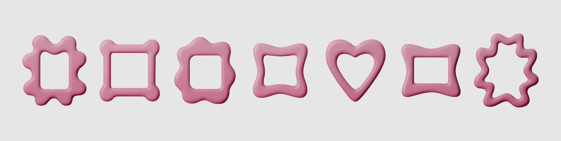 3D wavy frame border set, cute pink rectangle and circle shapes with retro squiggly edge. Trendy frame and border icons for photo, text or sticker design with fun, wiggly graphic style. vector