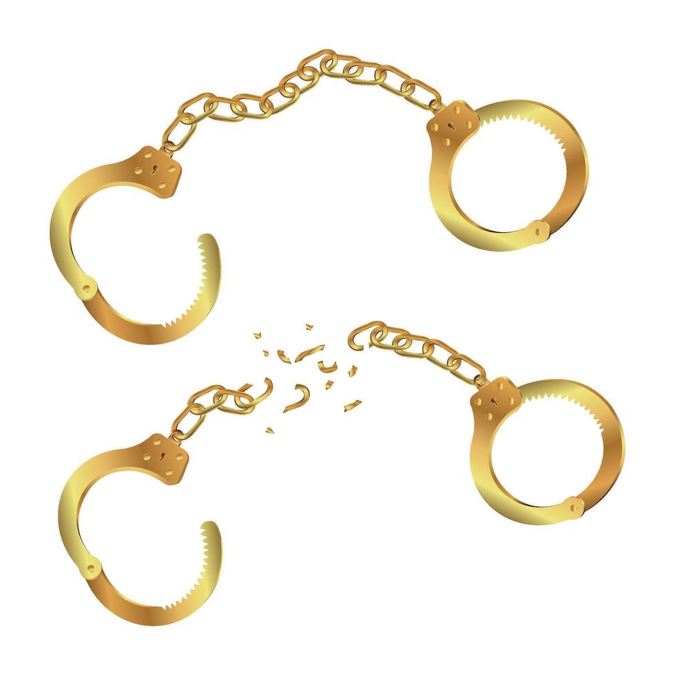 Golden broken handcuffs symbolizing freedom, liberation, and breaking free from constraints on white background. vector