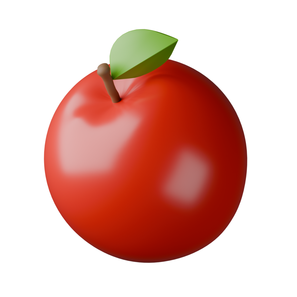 A glossy, red apple with a green leaf and brown stem floats mid-frame, illuminated by soft, diffused light against a transparent background. png