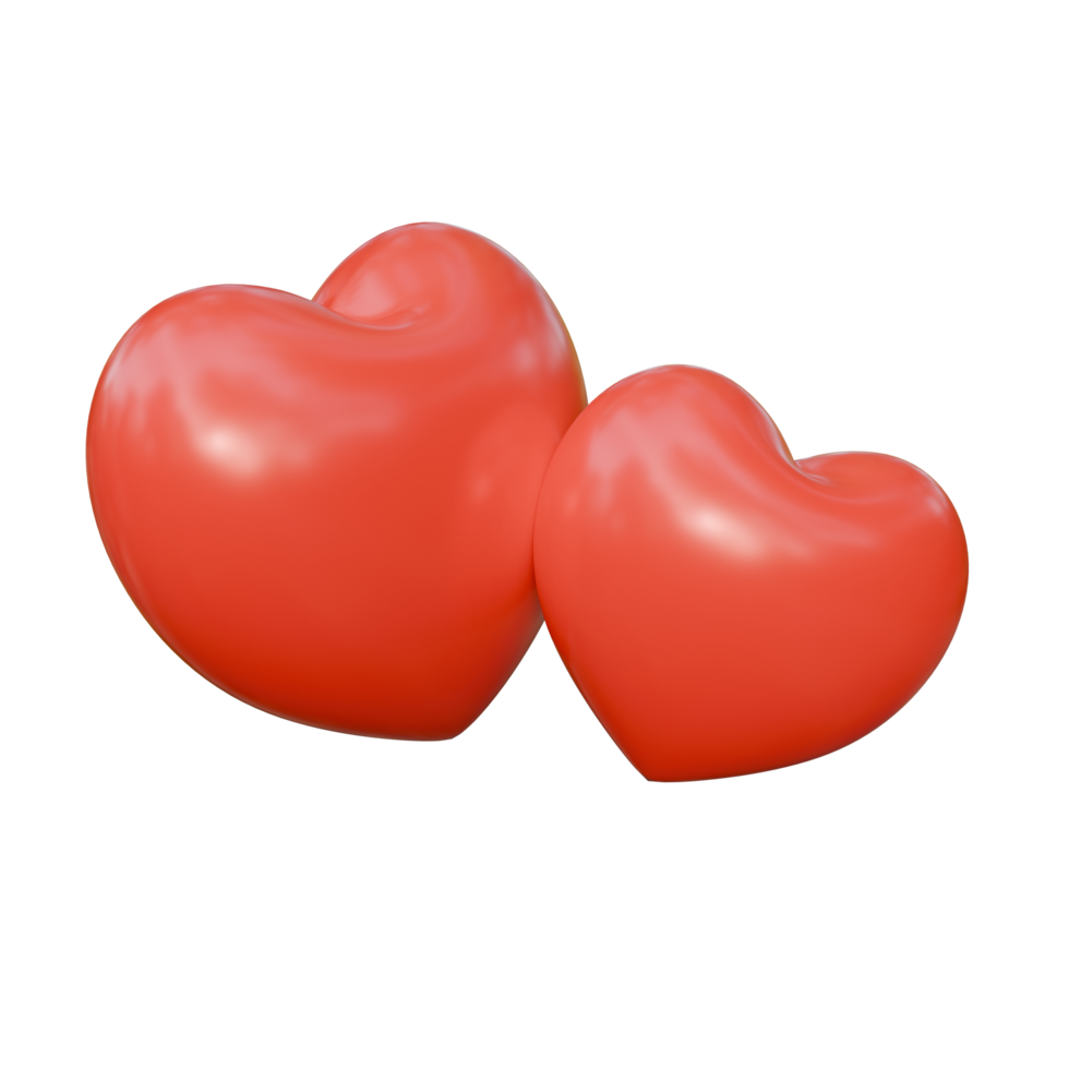 Two glossy red hearts interlock slightly, bathed in soft, diffused light, creating a romantic, 3D-rendered ambiance against a transparent, checkered background. png