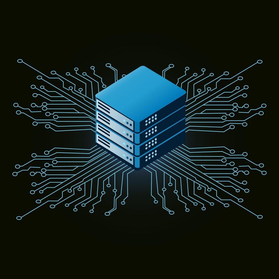 Isometric stacked server database with circuit board traces vector