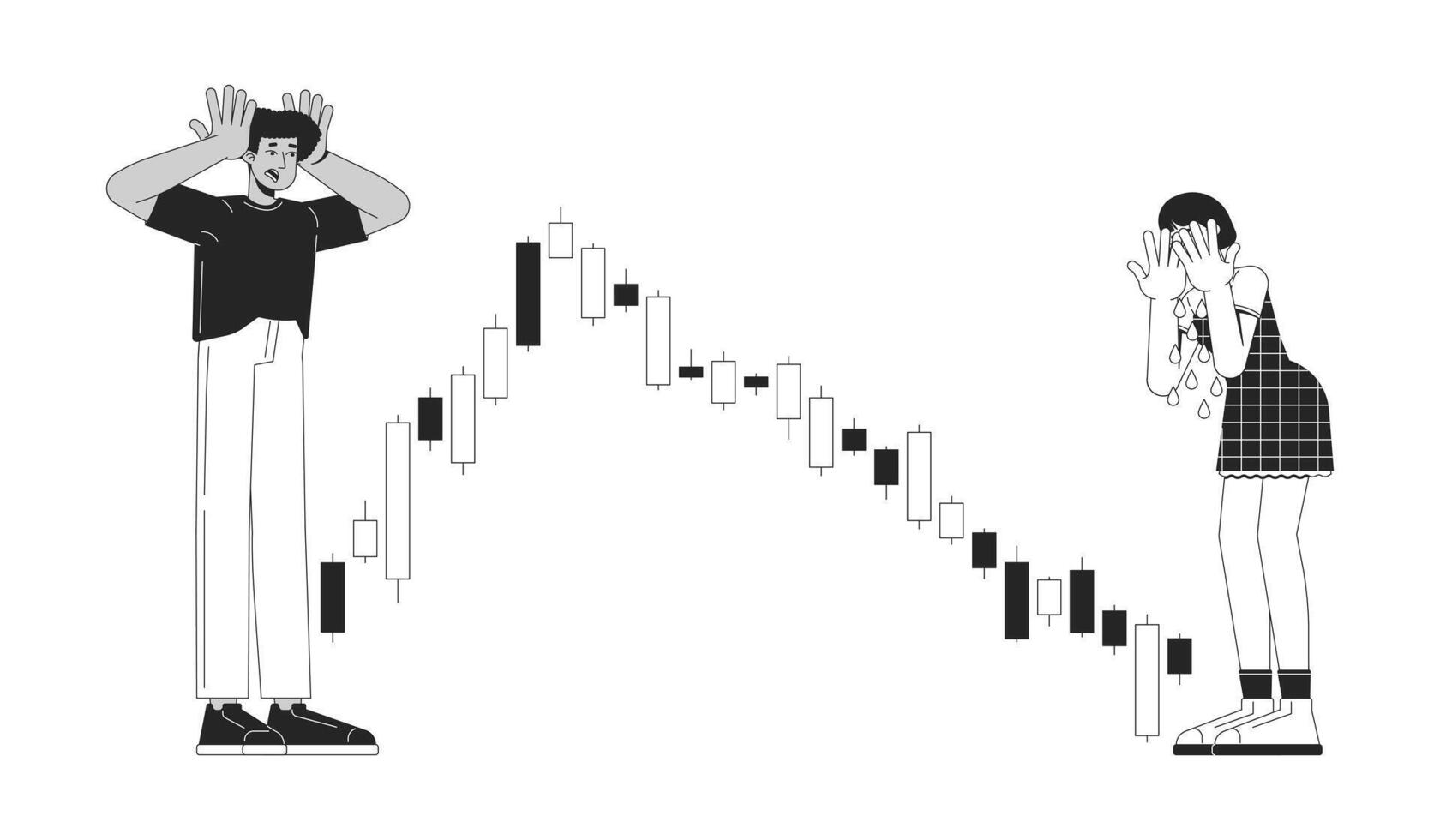 Pump and dump line illustration concept. Emotional trading. Investors crying and shocked to market crash with falling candlestick chart outline 2D characters isolated. Ink linear metaphor art vector