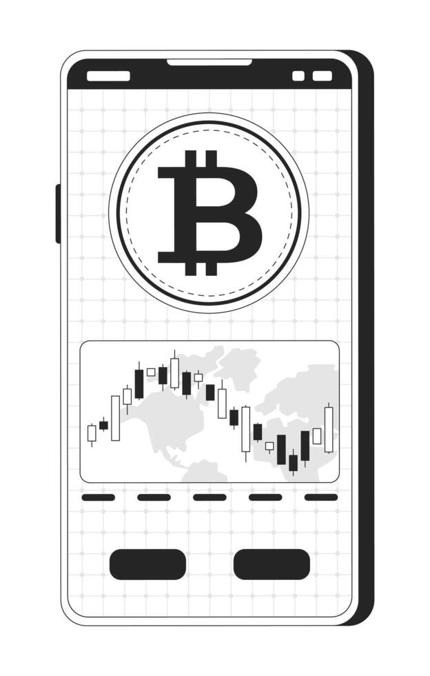 Bitcoin and trading chart on smartphone screen 2D line object. Mobile phone displaying BTC coin and candlestick over global world isolated clipart ink outline item. Monochrome spot illustration vector