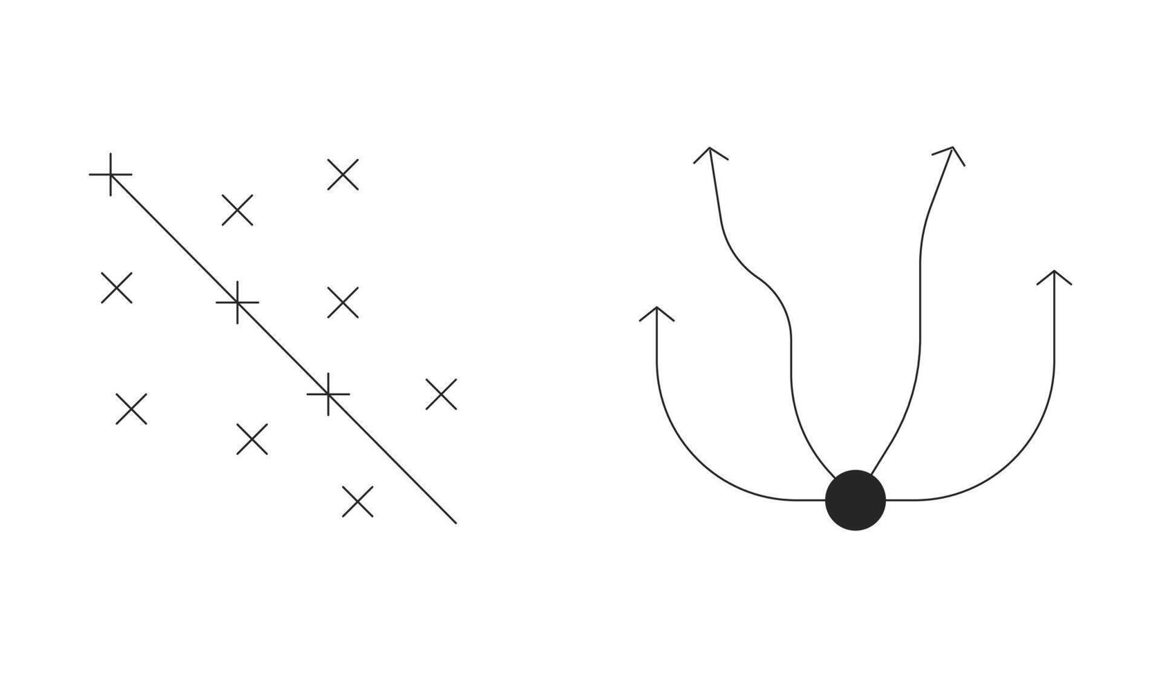 Scatter plot and flow diagram 2D line objects set. Pathways flowchart. Diagonal axis with x marks. Analytics isolated cliparts ink outline items. Monochrome spot illustrations collection vector